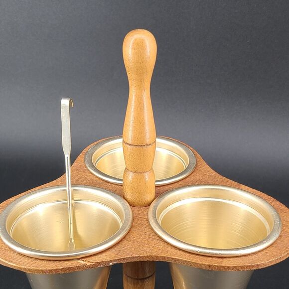 Vintage Wood Condiment Server Caddy Three Cups Spoon Made In Japan - Picture 9 of 9